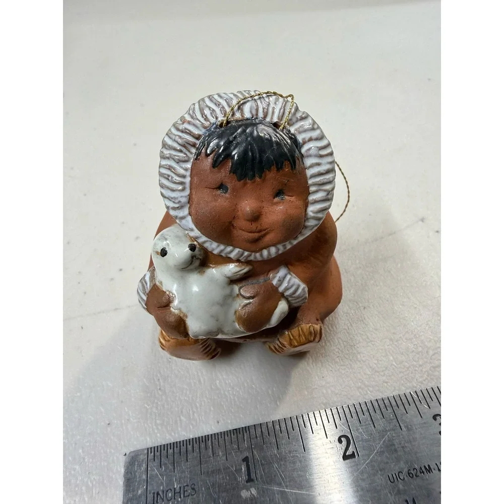 Vintage 1986 NCW Alaska Inuit Child with Seal Terracotta Clay Ornament Barbara T